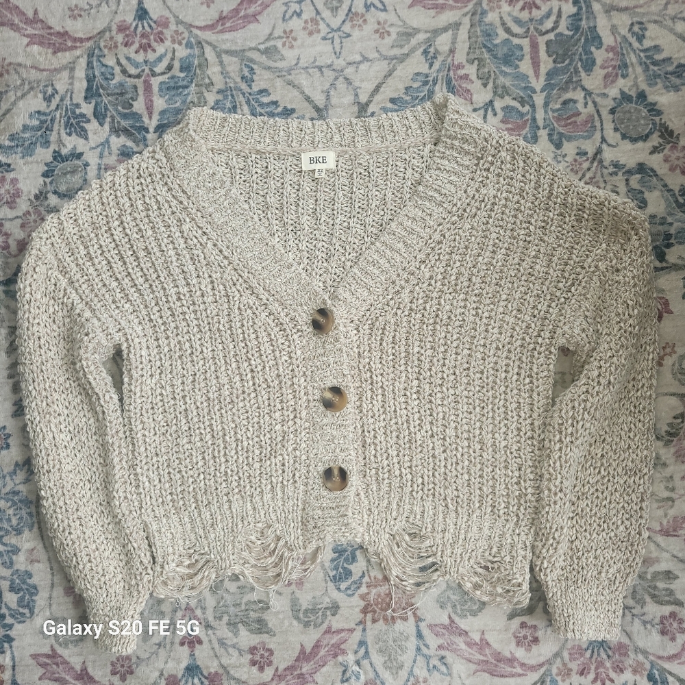 BKE Beige Distressed Grunge Sttle Cream Cardigan